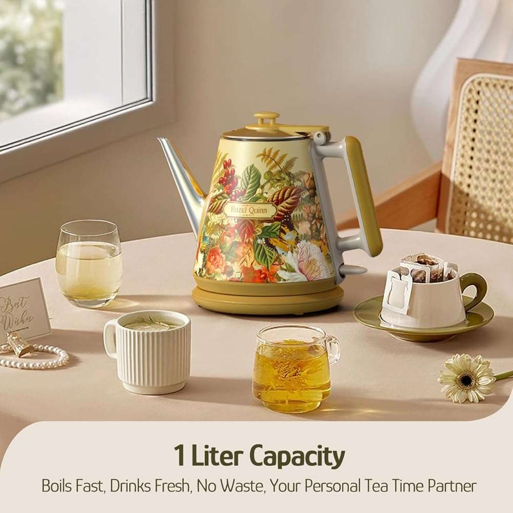 Hazel Quinn Retro X Eduardo Recife Collaboration Electric Kettle- 1 Litres / 34 Ounces Retro Small Tea Kettle, Double Wall, 304 Stainless Steel, 800W Fast Boiling, Cordless, BPA-Free, Auto Shut-Off - Image 3