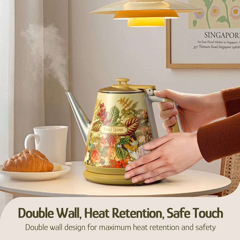 Hazel Quinn Retro X Eduardo Recife Collaboration Electric Kettle- 1 Litres / 34 Ounces Retro Small Tea Kettle, Double Wall, 304 Stainless Steel, 800W Fast Boiling, Cordless, BPA-Free, Auto Shut-Off - Image 6