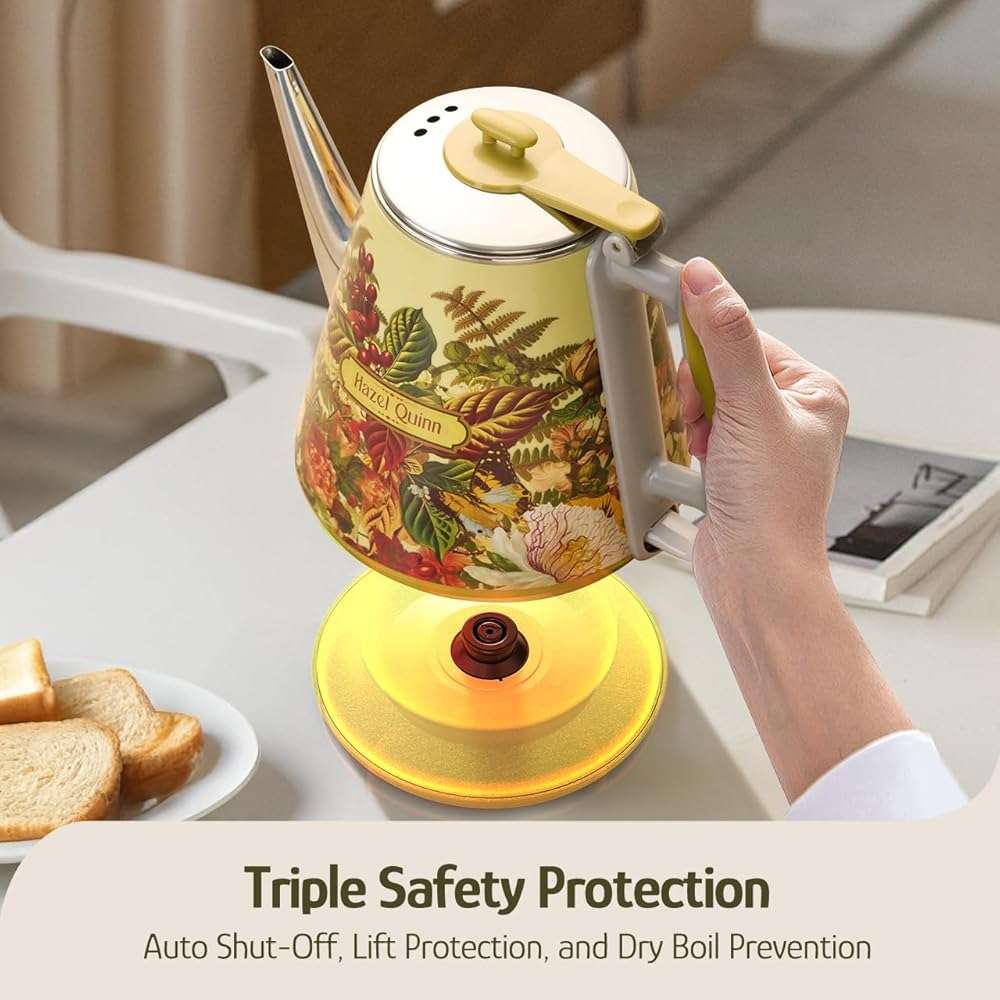 Hazel Quinn Retro X Eduardo Recife Collaboration Electric Kettle- 1 Litres / 34 Ounces Retro Small Tea Kettle, Double Wall, 304 Stainless Steel, 800W Fast Boiling, Cordless, BPA-Free, Auto Shut-Off - Image 7