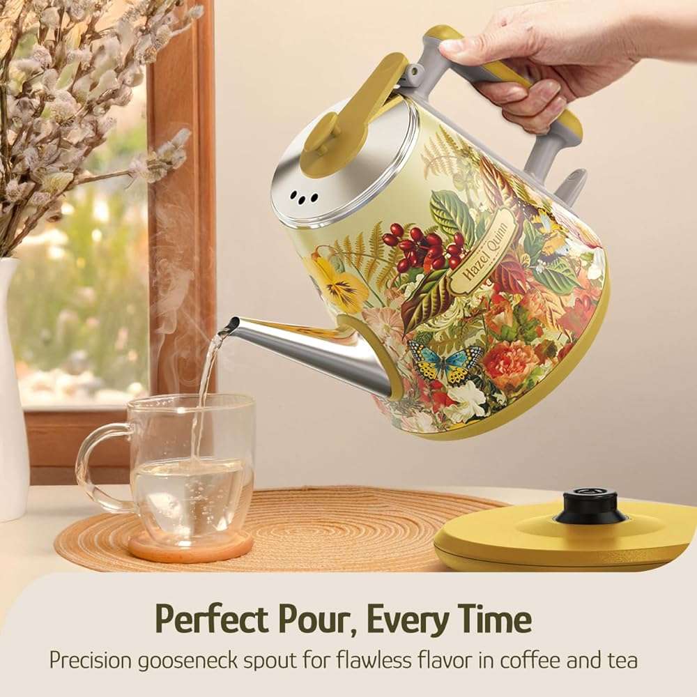 Hazel Quinn Retro X Eduardo Recife Collaboration Electric Kettle- 1 Litres / 34 Ounces Retro Small Tea Kettle, Double Wall, 304 Stainless Steel, 800W Fast Boiling, Cordless, BPA-Free, Auto Shut-Off - Image 8