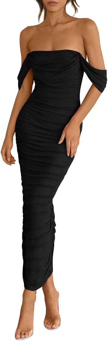 PRETTYGARDEN Womens 2026 Summer Off The Shoulder Dress Ruched Bodycon Sleeveless Split Cocktail Party Maxi Dresses - Image 1