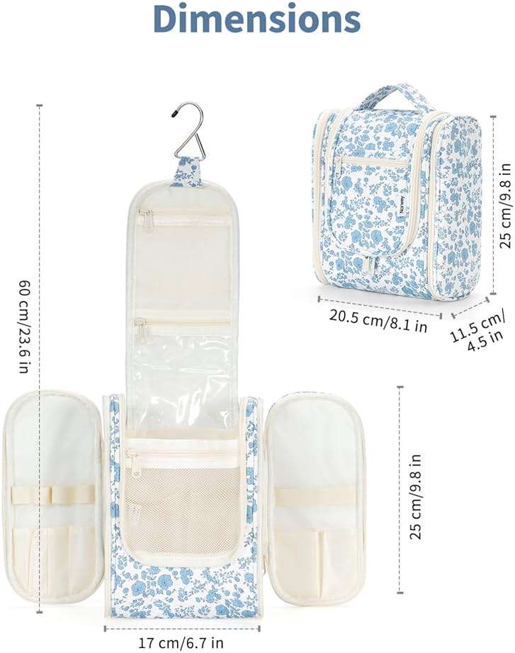 Narwey Hanging Toiletry Bag Women Travel Makeup Bag Organizer Toiletries Bag for Travel Size Essentials Accessories Cosmetics (Medium,Blue Flower) - Image 5