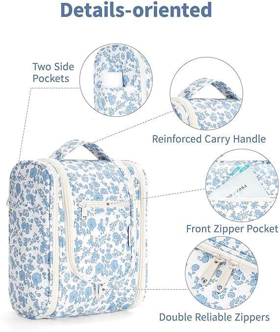 Narwey Hanging Toiletry Bag Women Travel Makeup Bag Organizer Toiletries Bag for Travel Size Essentials Accessories Cosmetics (Medium,Blue Flower) - Image 6