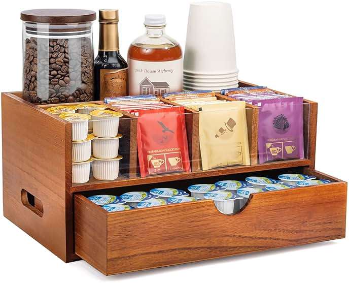 OWATRKDEY Coffee Bar Station Organizer for Countertop, Coffee and Tea Drawer Organizer, Koffee Cup Organizer Station Pod Holder with 2 Drawers - Image 1
