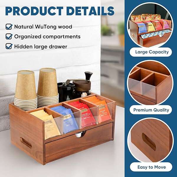 OWATRKDEY Coffee Bar Station Organizer for Countertop, Coffee and Tea Drawer Organizer, Koffee Cup Organizer Station Pod Holder with 2 Drawers - Image 3