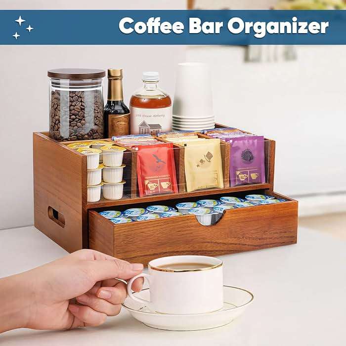 OWATRKDEY Coffee Bar Station Organizer for Countertop, Coffee and Tea Drawer Organizer, Koffee Cup Organizer Station Pod Holder with 2 Drawers - Image 4