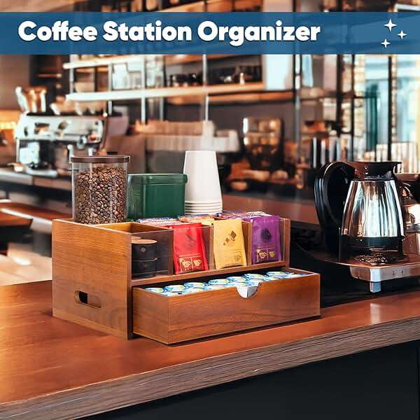 OWATRKDEY Coffee Bar Station Organizer for Countertop, Coffee and Tea Drawer Organizer, Koffee Cup Organizer Station Pod Holder with 2 Drawers - Image 5
