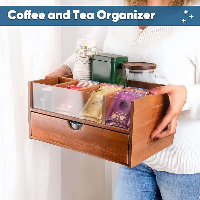 OWATRKDEY Coffee Bar Station Organizer for Countertop, Coffee and Tea Drawer Organizer, Koffee Cup Organizer Station Pod Holder with 2 Drawers - Image 6
