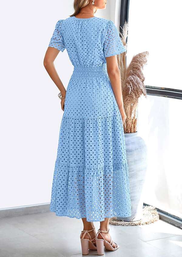 PRETTYGARDEN Womens 2026 Summer Maxi Dress Short Sleeve V Neck Hollow Out Eyelet A Line Long Flowy Beach Vacation Dresses - Image 2