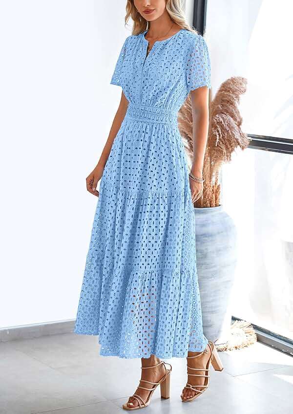 PRETTYGARDEN Womens 2026 Summer Maxi Dress Short Sleeve V Neck Hollow Out Eyelet A Line Long Flowy Beach Vacation Dresses - Image 3