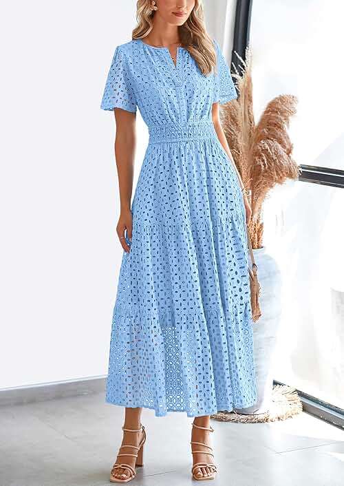 PRETTYGARDEN Womens 2026 Summer Maxi Dress Short Sleeve V Neck Hollow Out Eyelet A Line Long Flowy Beach Vacation Dresses - Image 4