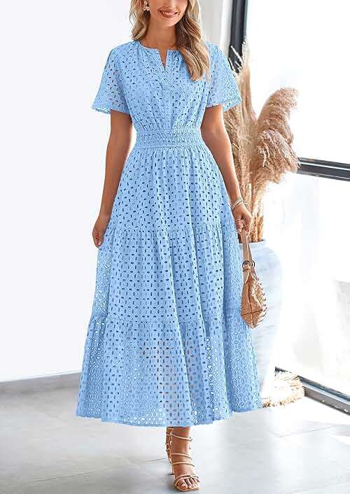 PRETTYGARDEN Womens 2026 Summer Maxi Dress Short Sleeve V Neck Hollow Out Eyelet A Line Long Flowy Beach Vacation Dresses - Image 5