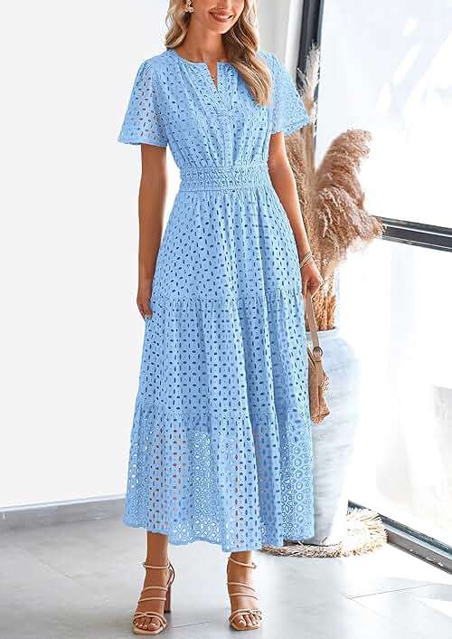 PRETTYGARDEN Womens 2026 Summer Maxi Dress Short Sleeve V Neck Hollow Out Eyelet A Line Long Flowy Beach Vacation Dresses - Image 6