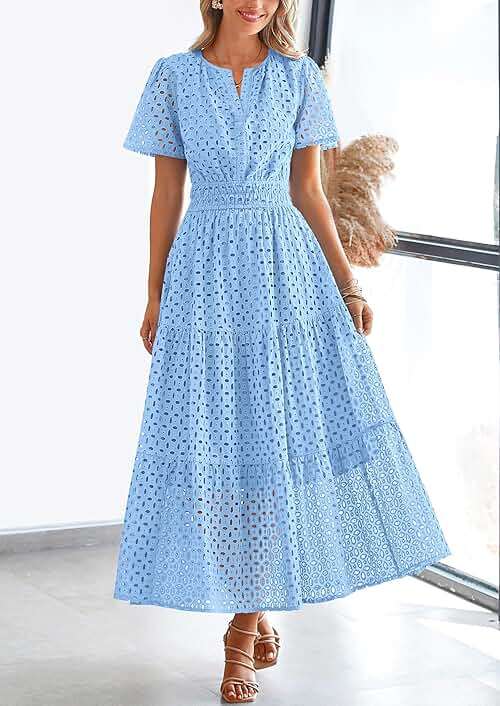 PRETTYGARDEN Womens 2026 Summer Maxi Dress Short Sleeve V Neck Hollow Out Eyelet A Line Long Flowy Beach Vacation Dresses - Image 7