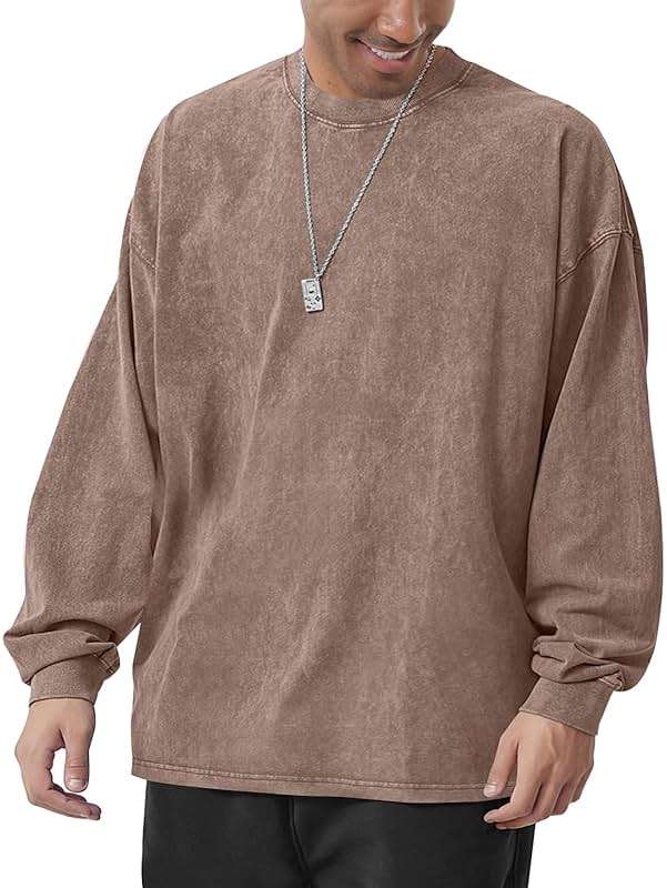 Men's Oversized Cotton T-Shirts Heavy Weight Crew Neck Vintage Wash Tee Long Sleeve Casual Gym Workout Tops - Image 1