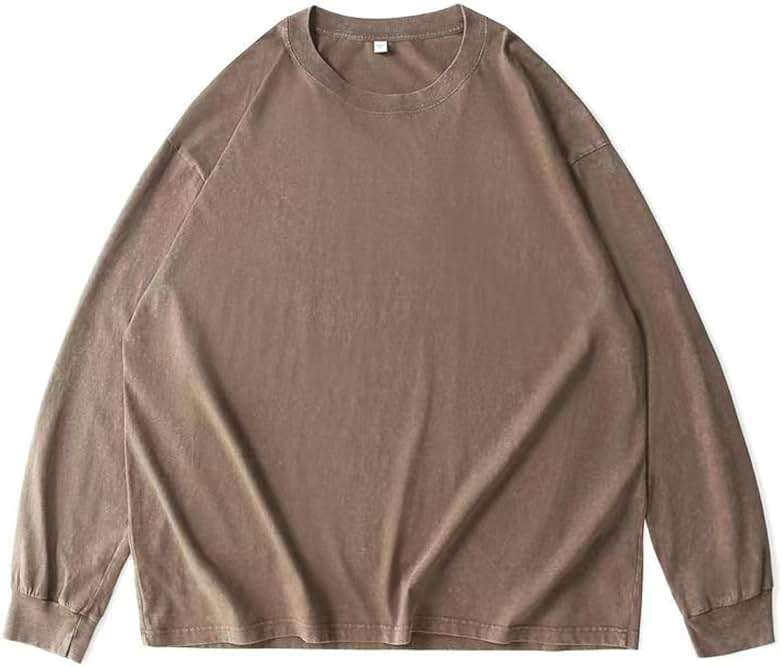 Men's Oversized Cotton T-Shirts Heavy Weight Crew Neck Vintage Wash Tee Long Sleeve Casual Gym Workout Tops - Image 2