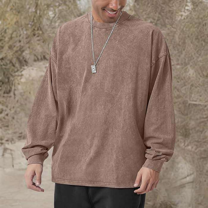 Men's Oversized Cotton T-Shirts Heavy Weight Crew Neck Vintage Wash Tee Long Sleeve Casual Gym Workout Tops - Image 5