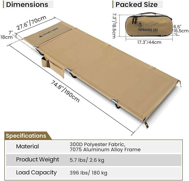 ONETIGRIS SUPRAGRIS Camping Cot, Support Up to 400lbs, Lightweight Comfortable Folding Bed for Camping, Hiking, Backpacking, Travel, Car Trips, Office Nap - Image 4