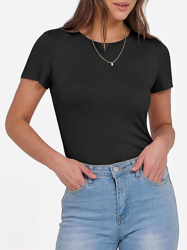 ANRABESS Women Short Sleeve Crewneck Ribbed Knit Slim Fitted Shirts Summer Tops Basic Tee Casual 2026 Spring Outfits Clothes - Image 2