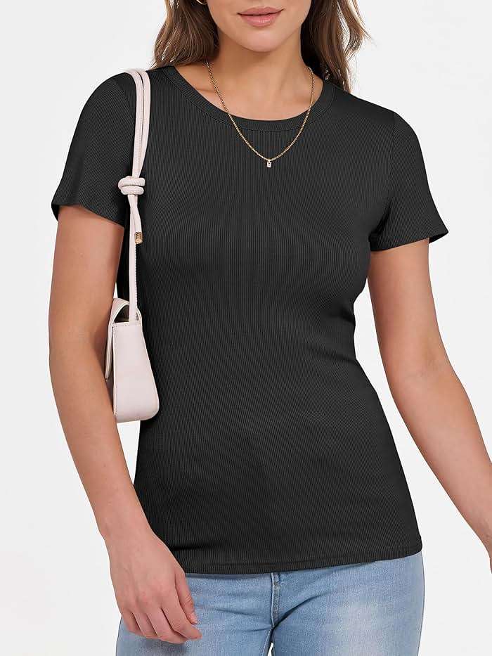 ANRABESS Women Short Sleeve Crewneck Ribbed Knit Slim Fitted Shirts Summer Tops Basic Tee Casual 2026 Spring Outfits Clothes - Image 4