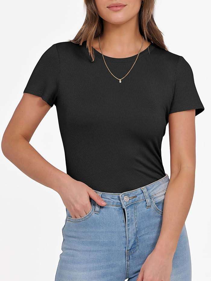 ANRABESS Women Short Sleeve Crewneck Ribbed Knit Slim Fitted Shirts Summer Tops Basic Tee Casual 2026 Spring Outfits Clothes - Image 7