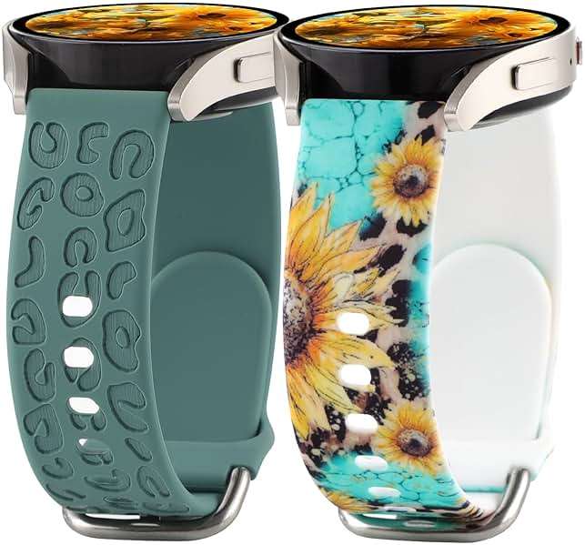 2 Pack Band Compatible with Samsung Galaxy Watch 7 FE 6 5 4 40/44mm,Galaxy Watch 5 Pro 45mm/Watch 6 4 Classic/Active 2,20mm Silicone Sport Band Leopard Engraved Flower Printed Wristband Women Men - Image 1