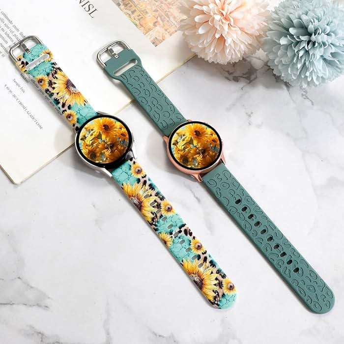 2 Pack Band Compatible with Samsung Galaxy Watch 7 FE 6 5 4 40/44mm,Galaxy Watch 5 Pro 45mm/Watch 6 4 Classic/Active 2,20mm Silicone Sport Band Leopard Engraved Flower Printed Wristband Women Men - Image 2
