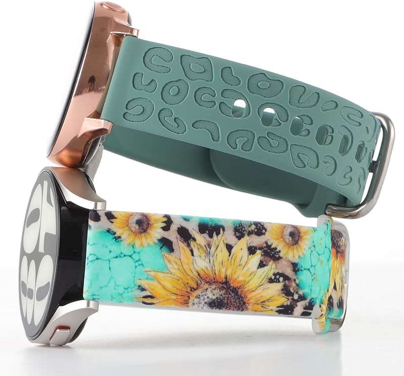 2 Pack Band Compatible with Samsung Galaxy Watch 7 FE 6 5 4 40/44mm,Galaxy Watch 5 Pro 45mm/Watch 6 4 Classic/Active 2,20mm Silicone Sport Band Leopard Engraved Flower Printed Wristband Women Men - Image 7