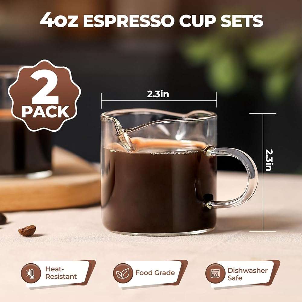 Espresso Cups Set of 2 - 4 Oz Espresso Shot Glass with Handle Double Spout Cups Clear Glass Milk Cup Espresso Accessories Great for Making Coffee Desserts Salad Dressings - Image 3
