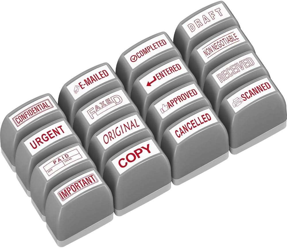 Crtiin 16 Pcs Office Stamp Set Message Self Inking Rubber Stamp Set for Office Stamps Completed Faxed Scanned Stamps for Message Supplies(Red, Grey) - Image 1