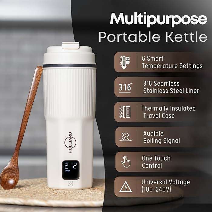 HULLIARD Travel Electric Kettle, 450ml, Dual Voltage, 316 Stainless Steel | 6 temperature presets, 100–240V dual voltage, auto shut-off, 316 stainless steel interior, 450ml capacity - Image 3