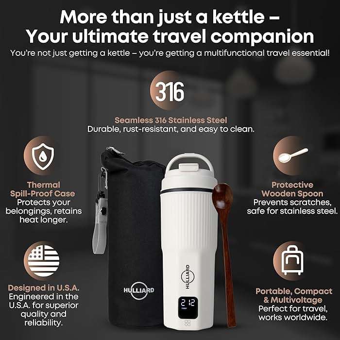 HULLIARD Travel Electric Kettle, 450ml, Dual Voltage, 316 Stainless Steel | 6 temperature presets, 100–240V dual voltage, auto shut-off, 316 stainless steel interior, 450ml capacity - Image 5