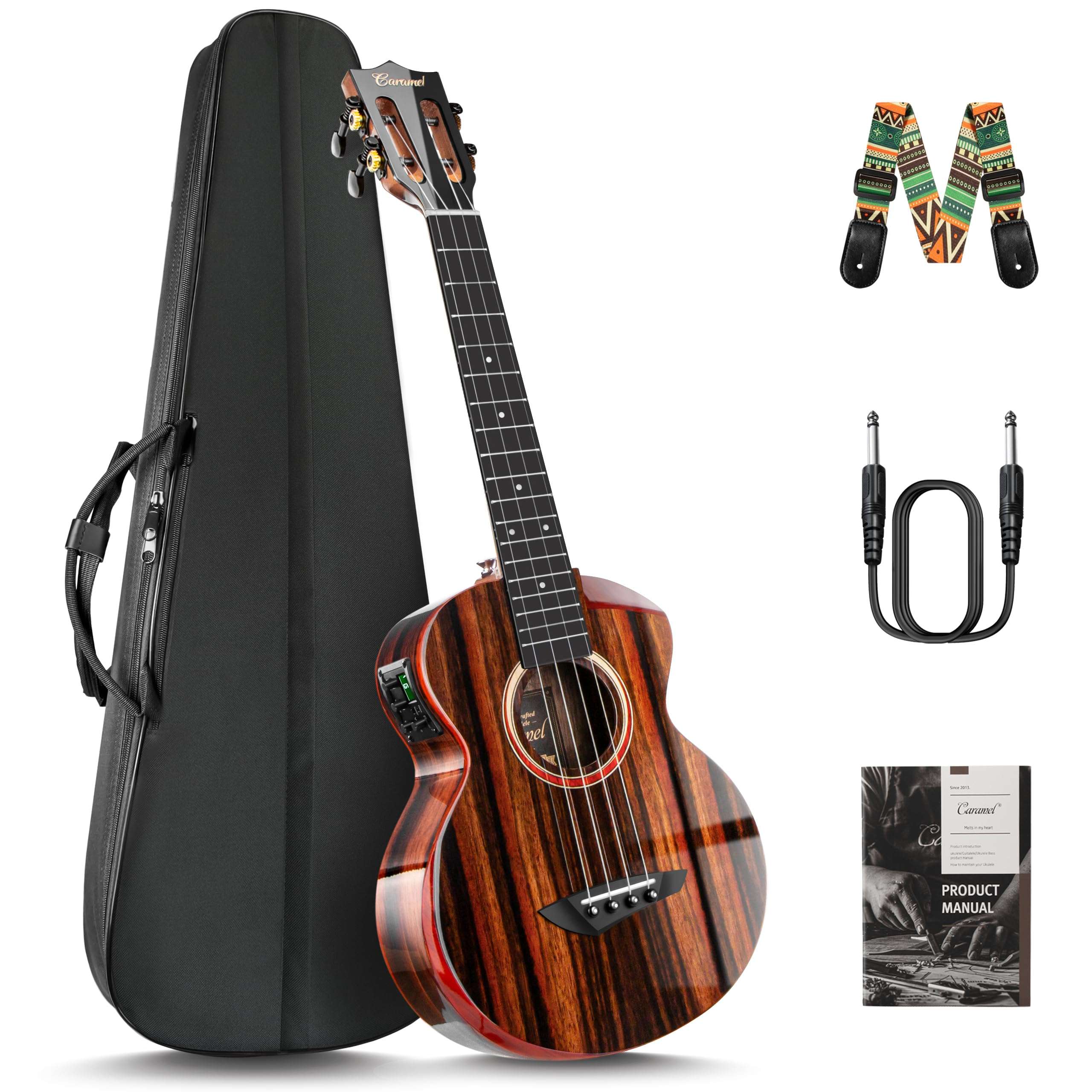 Caramel TEG91 Cutaway Ebony Glossy Tenor Acoustic & Electric Ukulele with Armrest | 26-inch Handmade Professional Ukelele Kit with Accessories - Image 1