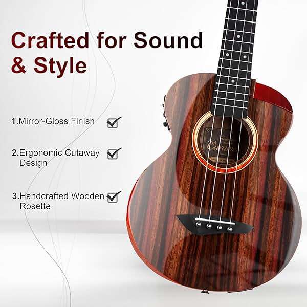 Caramel TEG91 Cutaway Ebony Glossy Tenor Acoustic & Electric Ukulele with Armrest | 26-inch Handmade Professional Ukelele Kit with Accessories - Image 2