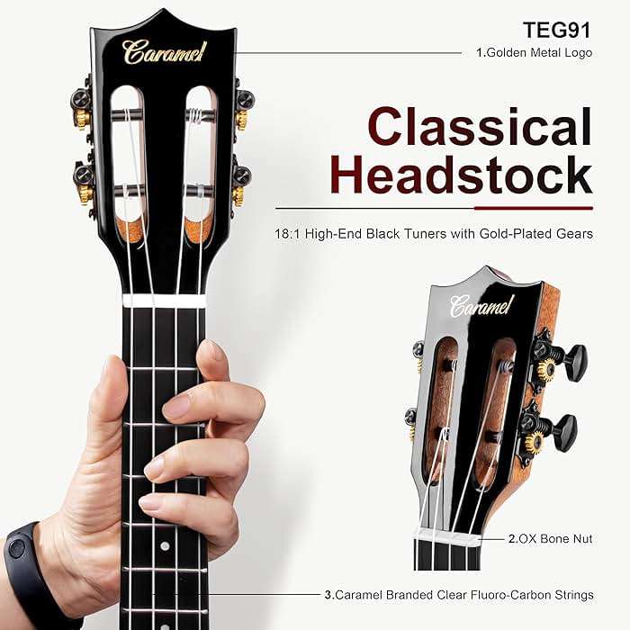 Caramel TEG91 Cutaway Ebony Glossy Tenor Acoustic & Electric Ukulele with Armrest | 26-inch Handmade Professional Ukelele Kit with Accessories - Image 4