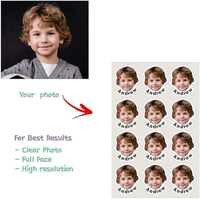 JJJ Design 32 pcs Personalized Face Stickers with Name - Portrait Face Photo Stickers for Water Bottles, Lunch Boxes, Phone Cases -Holographic Waterproof Dishwasher Safe (BB) - Image 3