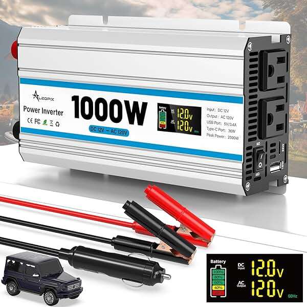 1000W Car Inverter 12V to 110V DC to AC Power Inverters for Vehicles with 2 AC Outlets/36W PD USB-C/18W QC USB-A Fast Charging/Cigarette Lighter/LED Display/100A Cables 1000 Watt Inverter - Image 1