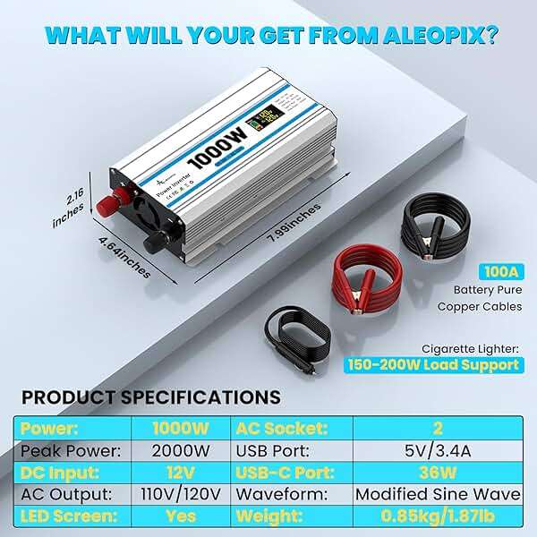 1000W Car Inverter 12V to 110V DC to AC Power Inverters for Vehicles with 2 AC Outlets/36W PD USB-C/18W QC USB-A Fast Charging/Cigarette Lighter/LED Display/100A Cables 1000 Watt Inverter - Image 7