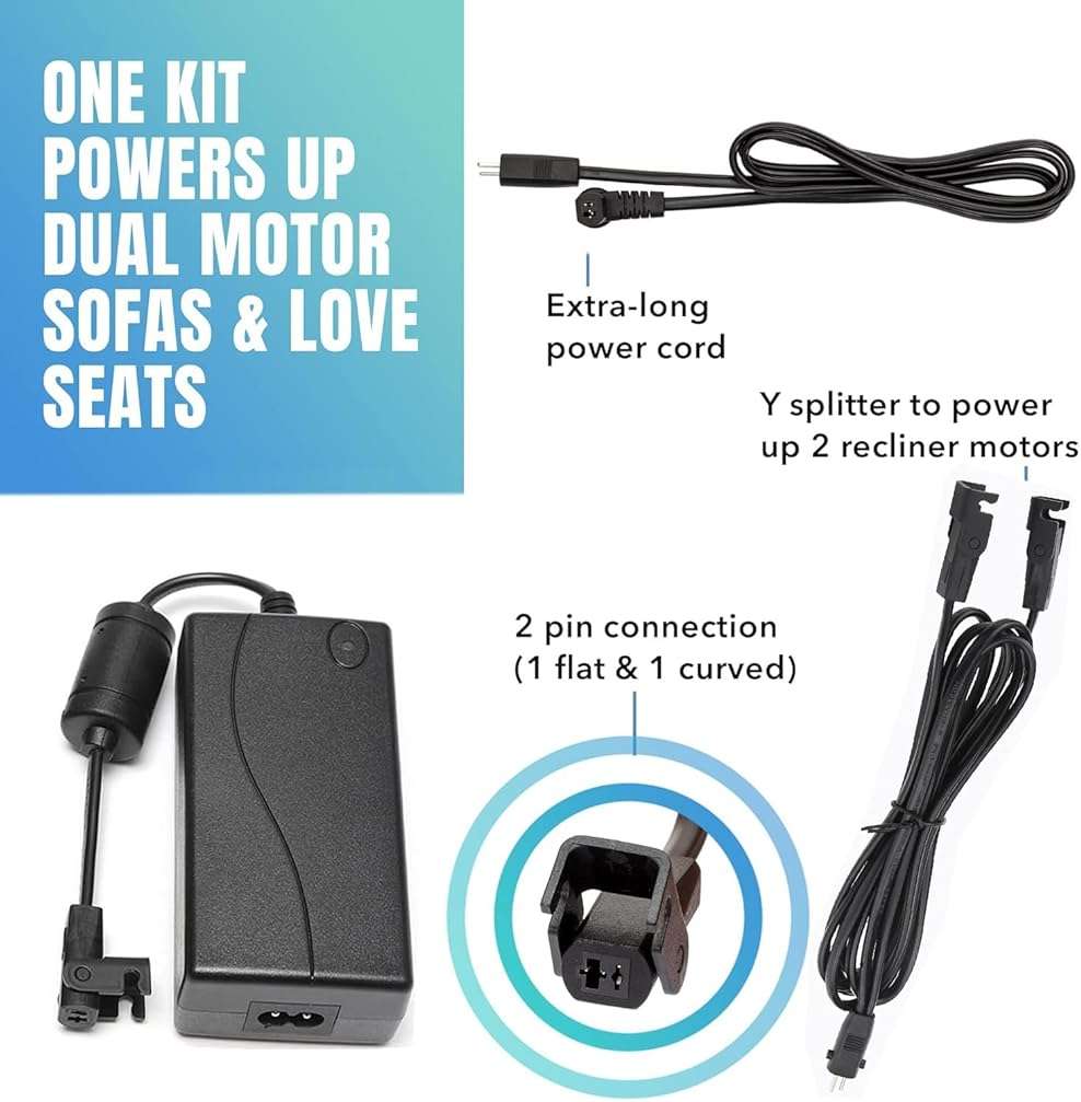 Universal Dual Motor Power Supply Transformer with AC Power Cord, L Shape DC Extension Cable and Y Splitter Cord,29V 2A Recliner Power Supply Kit-4-Piece for Recliner, Lift Chairs and Sofa - Image 3