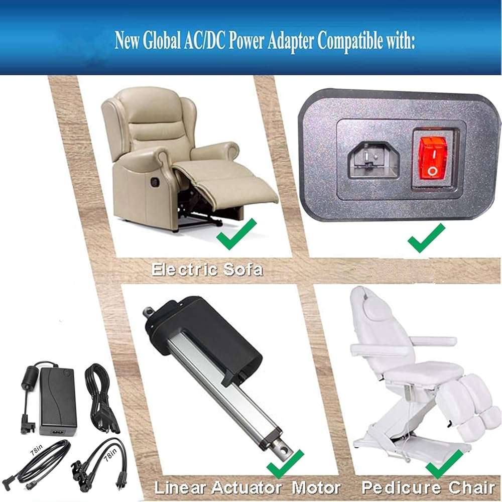 Universal Dual Motor Power Supply Transformer with AC Power Cord, L Shape DC Extension Cable and Y Splitter Cord,29V 2A Recliner Power Supply Kit-4-Piece for Recliner, Lift Chairs and Sofa - Image 8