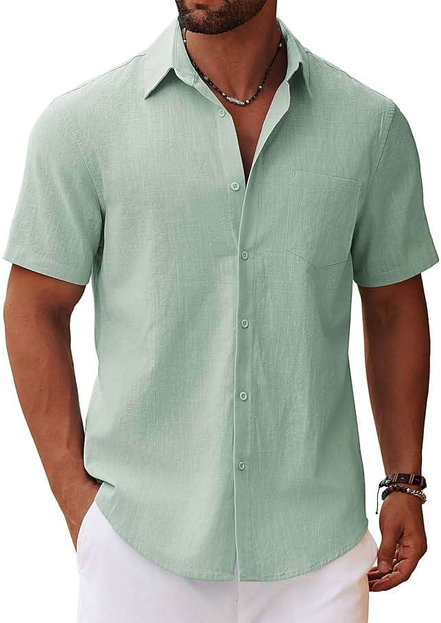 COOFANDY Men's Button Down Short Sleeve Shirt Casual Cotton Summer Beach Linen Wedding Shirts with Pocket - Image 1
