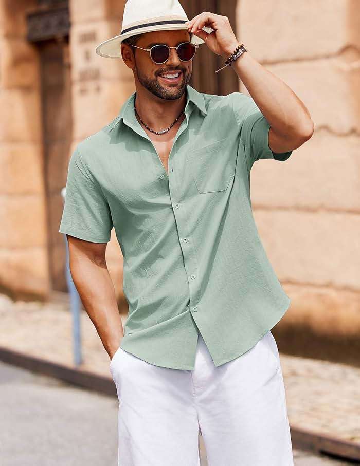 COOFANDY Men's Button Down Short Sleeve Shirt Casual Cotton Summer Beach Linen Wedding Shirts with Pocket - Image 2