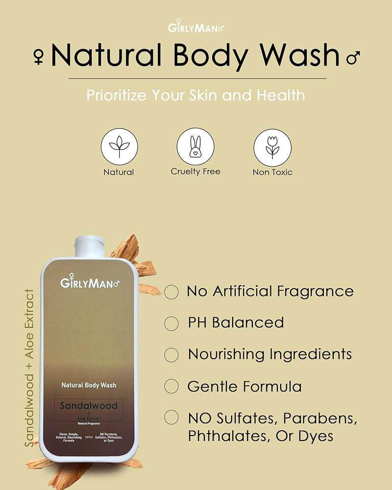 GirlyMan Natural Body Wash - Made with Olive Oil & Aloe Extract, No Artificial Fragrance, PH Balanced, Gentle Formula, Nourishing Ingredients, Family Owned (Sandalwood) - Image 3