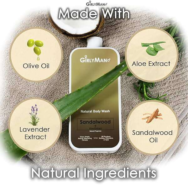 GirlyMan Natural Body Wash - Made with Olive Oil & Aloe Extract, No Artificial Fragrance, PH Balanced, Gentle Formula, Nourishing Ingredients, Family Owned (Sandalwood) - Image 4