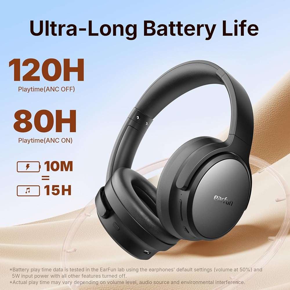 EarFun Tune Pro Active Noise Canceling Headphones, Wireless Bluetooth Headphones with 5 Mics, 120H Playtime, Bluetooth 5.4, Hi-Res Audio, Multipoint Connection, Custom EQ via App, Comfortable Fit - Image 6