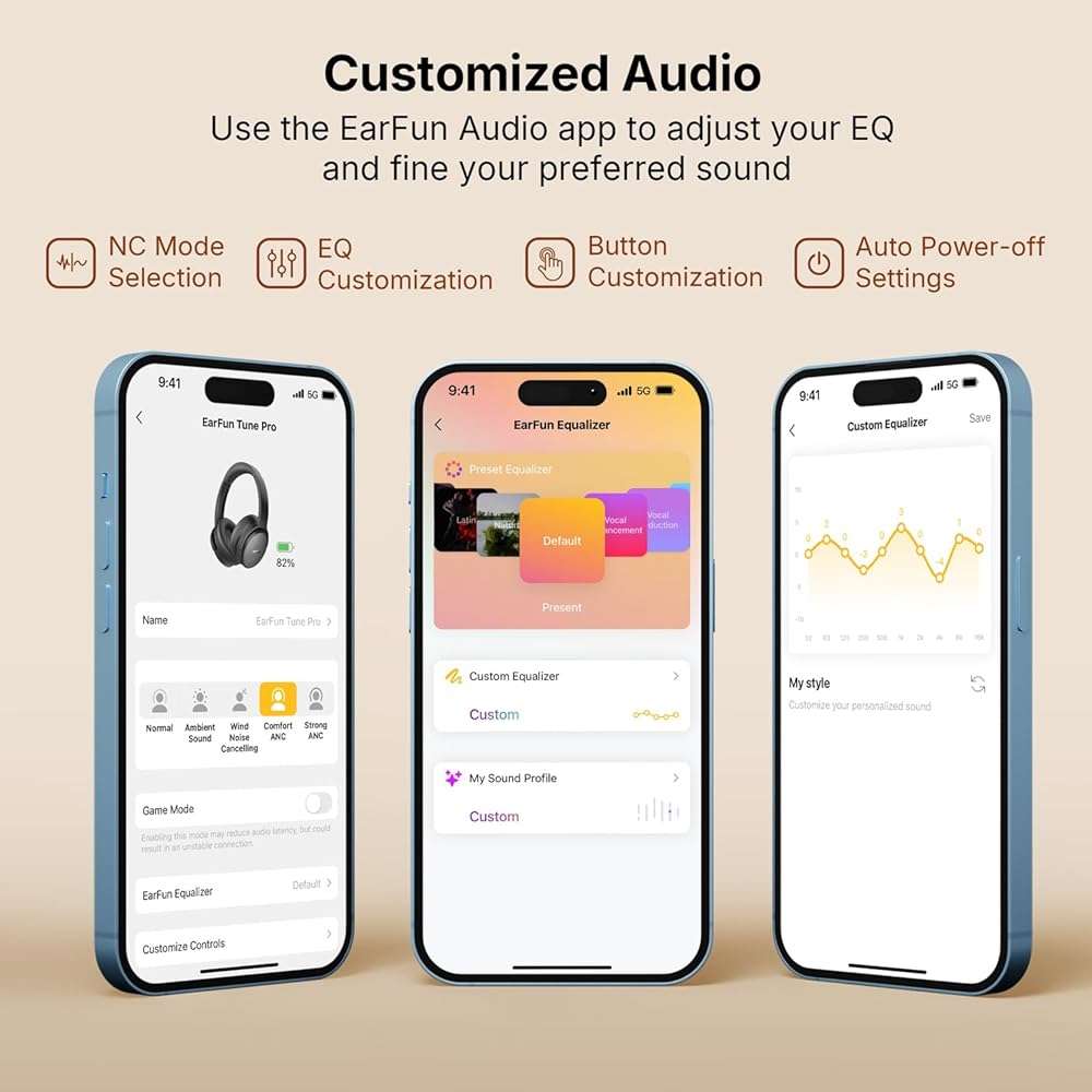 EarFun Tune Pro Active Noise Canceling Headphones, Wireless Bluetooth Headphones with 5 Mics, 120H Playtime, Bluetooth 5.4, Hi-Res Audio, Multipoint Connection, Custom EQ via App, Comfortable Fit - Image 8