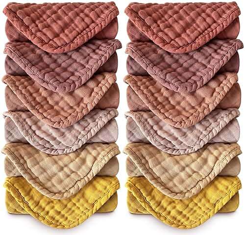 MOON PARK Baby Washcloths, 12 Pack - 12x12 Inches, Small Burp Cloths and Baby Wipes - 100% Cotton Muslin Ultra Soft for Newborn, Infant and Toddlers - Brown, Honey and Bean Paste Series - Image 1