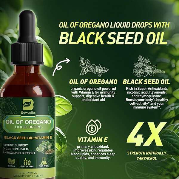 B BEWOTHS Organic Oregano Oil Drops | Oil of Oregano with Black Seed Oil, Vitamin E, 80% Carvacrol Oregano Drops for Immune, Antioxidant, Gut Detox Cleanser Support - Non-GMO, Vegan (240-day Supply) - Image 3