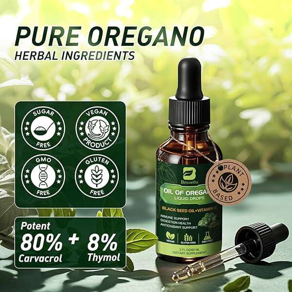 B BEWOTHS Organic Oregano Oil Drops | Oil of Oregano with Black Seed Oil, Vitamin E, 80% Carvacrol Oregano Drops for Immune, Antioxidant, Gut Detox Cleanser Support - Non-GMO, Vegan (240-day Supply) - Image 5