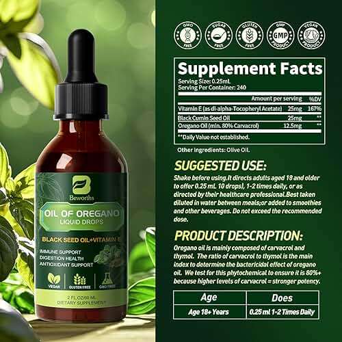 B BEWOTHS Organic Oregano Oil Drops | Oil of Oregano with Black Seed Oil, Vitamin E, 80% Carvacrol Oregano Drops for Immune, Antioxidant, Gut Detox Cleanser Support - Non-GMO, Vegan (240-day Supply) - Image 6